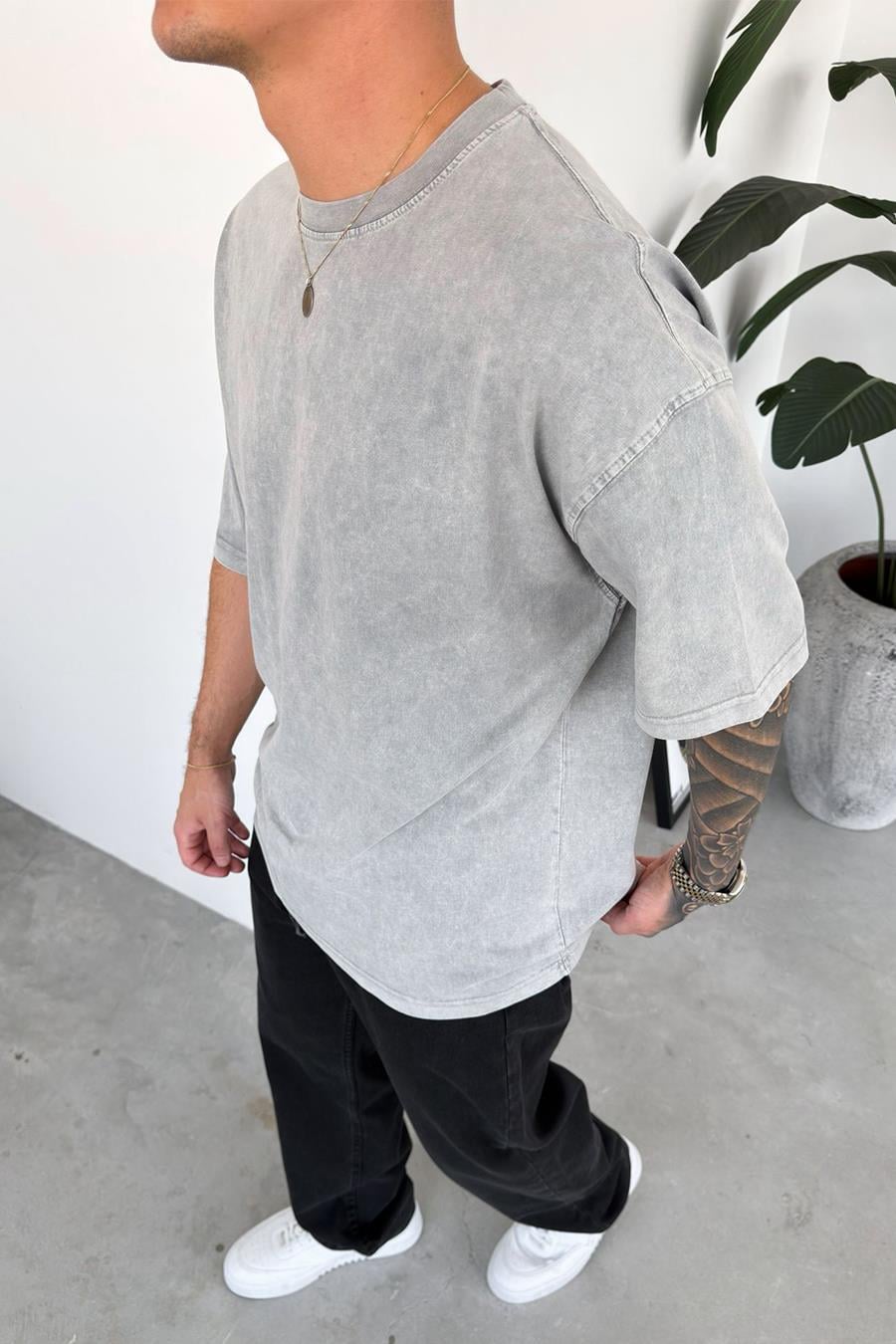 Açık Gri Basic Yıkamalı Oversize Tişört