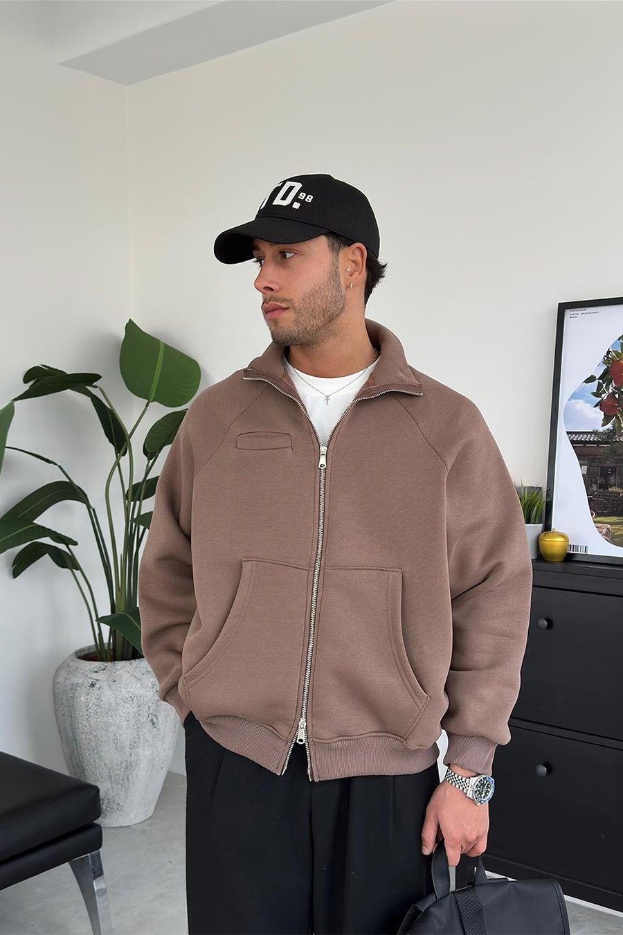 Açık Kahve Cozy Basic Çift Fermuar Oversize Sweatshirt