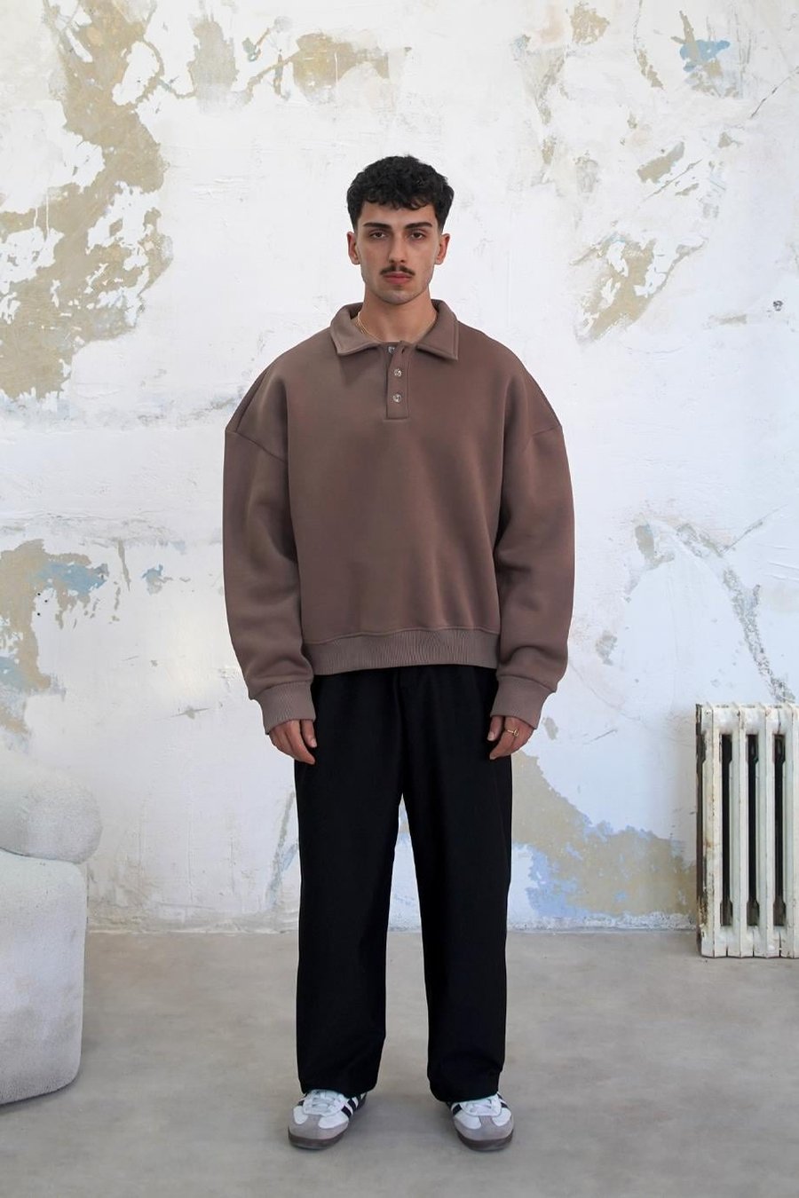 Açık Kahve Cozy Basic Oversize Polo Yaka Sweatshirt