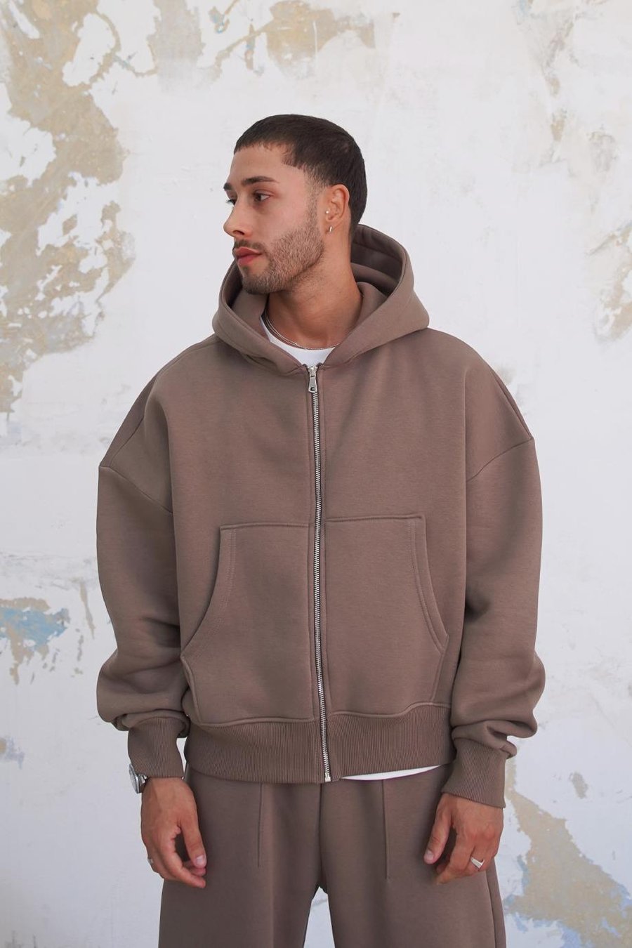 Açık Kahve Cozy Basic Tam Fermuar Oversize Sweatshirt