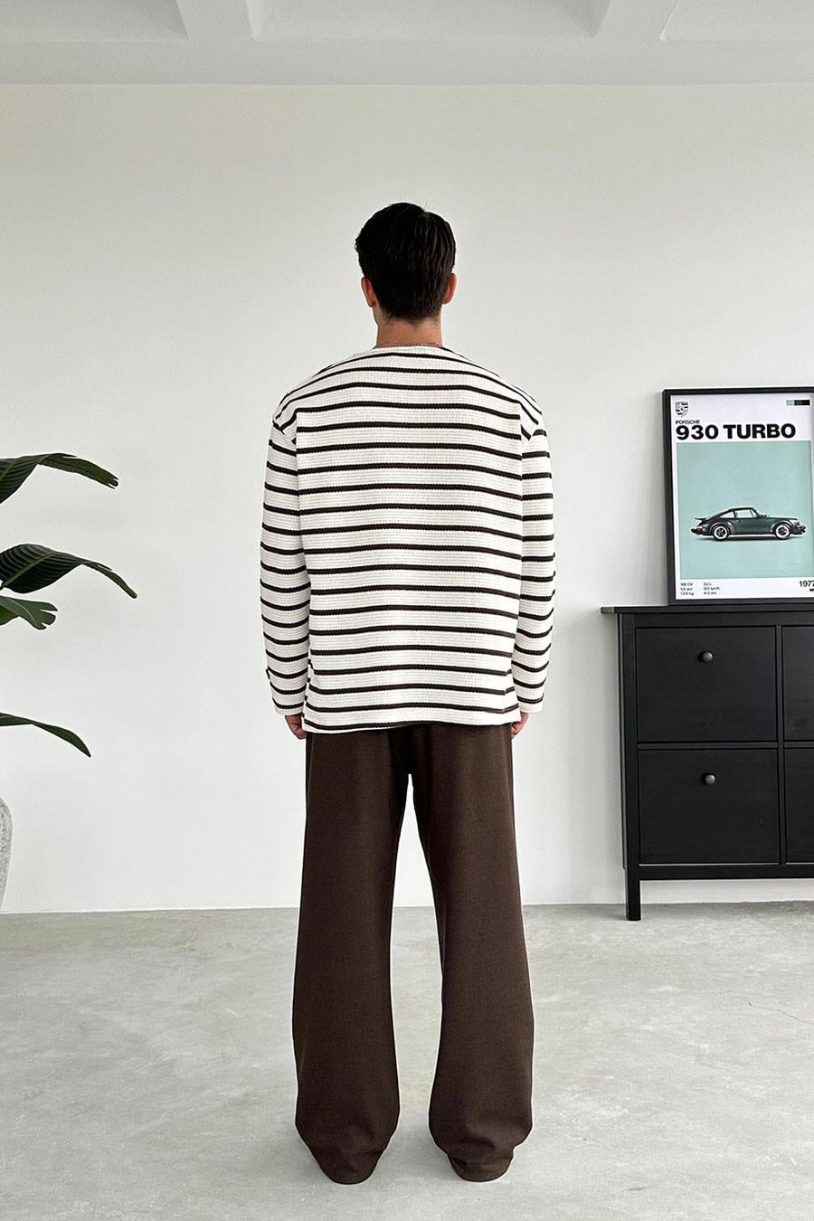 Açık Kahve Örme Çizgi Detaylı Oversize Sweat