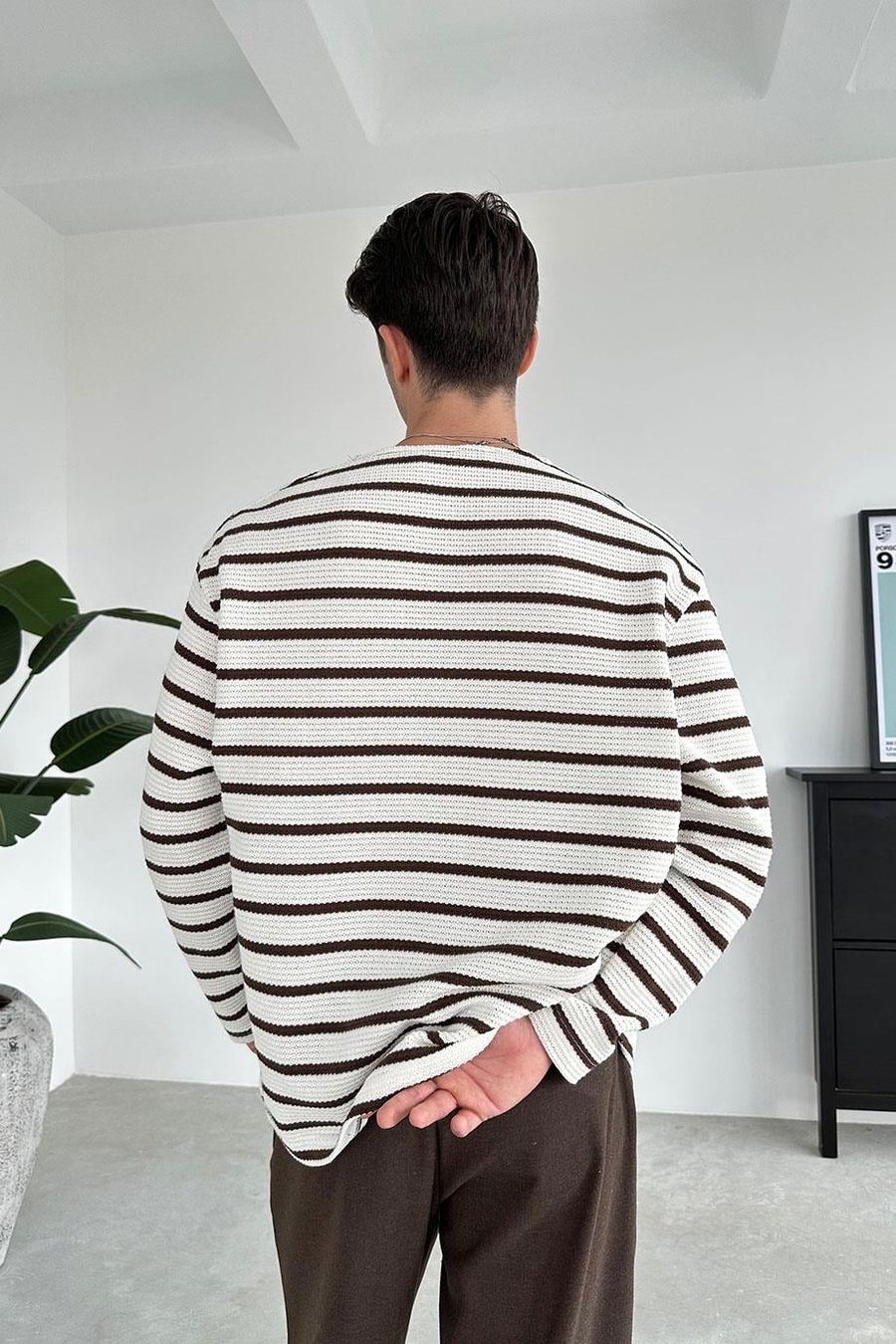 Açık Kahve Örme Çizgi Detaylı Oversize Sweat