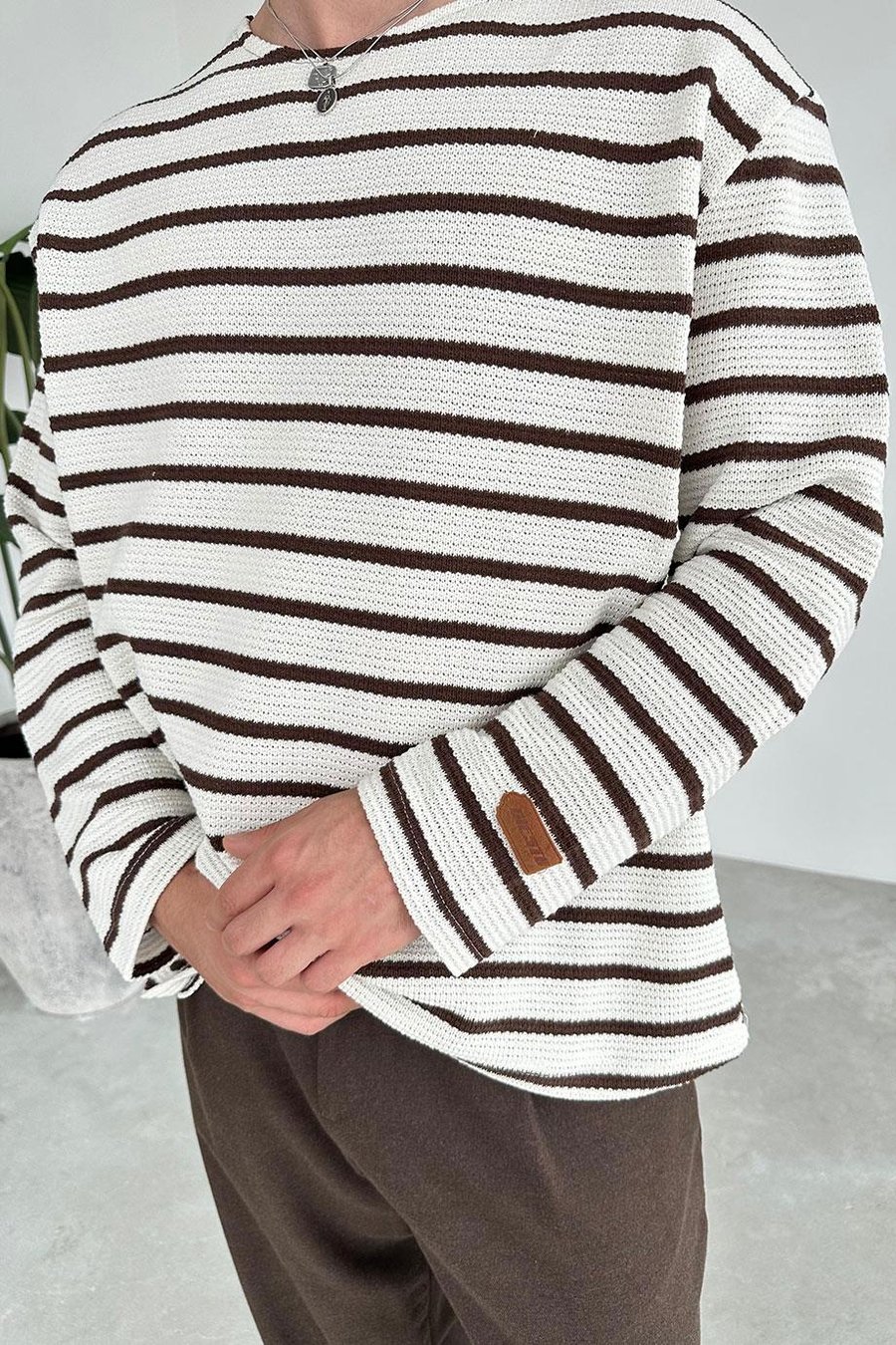 Açık Kahve Örme Çizgi Detaylı Oversize Sweat