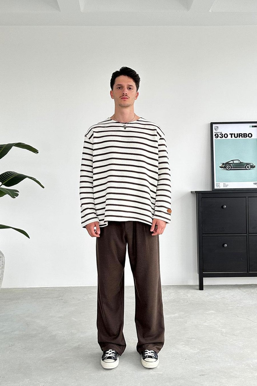 Açık Kahve Örme Çizgi Detaylı Oversize Sweat