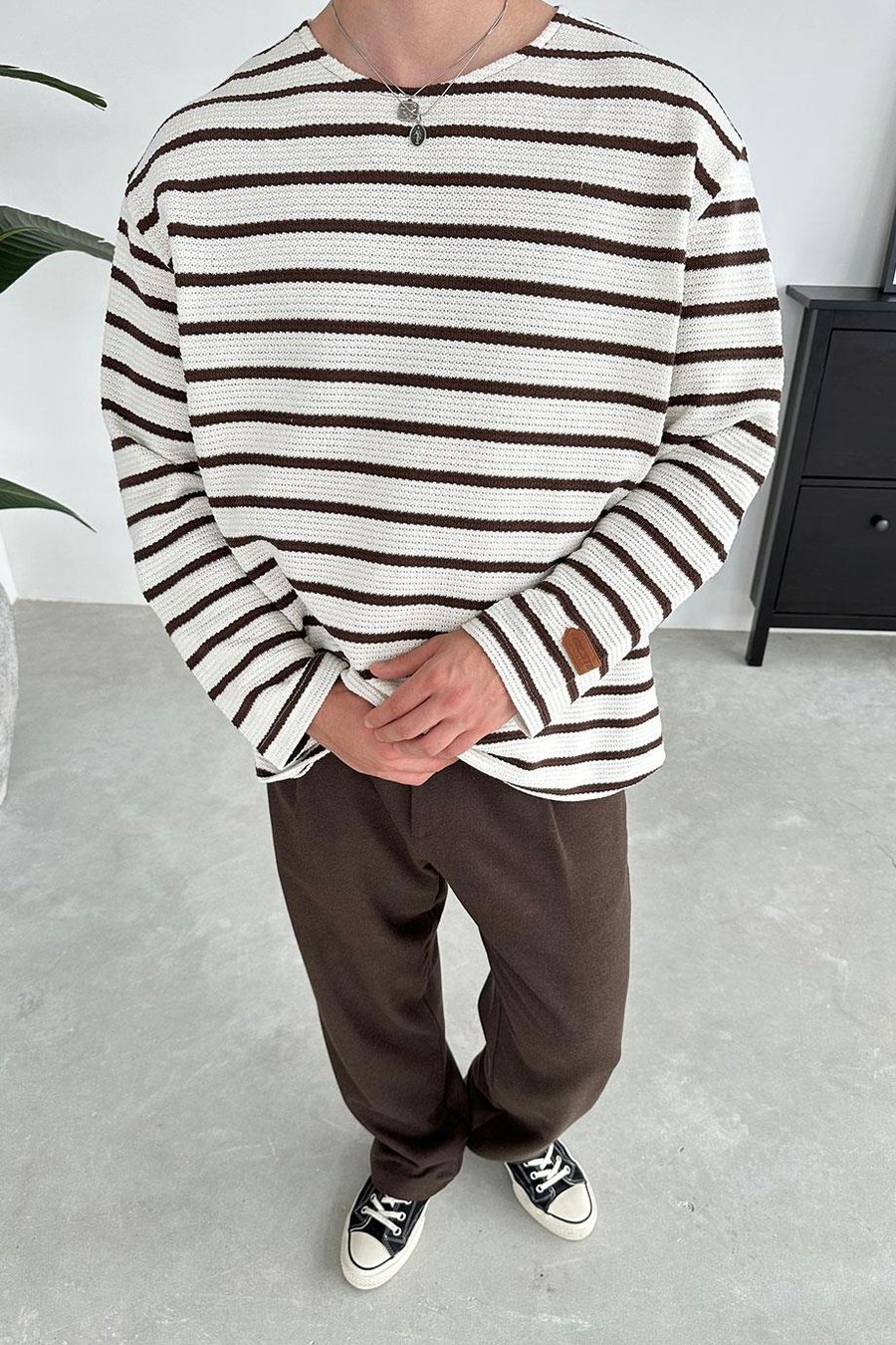 Açık Kahve Örme Çizgi Detaylı Oversize Sweat