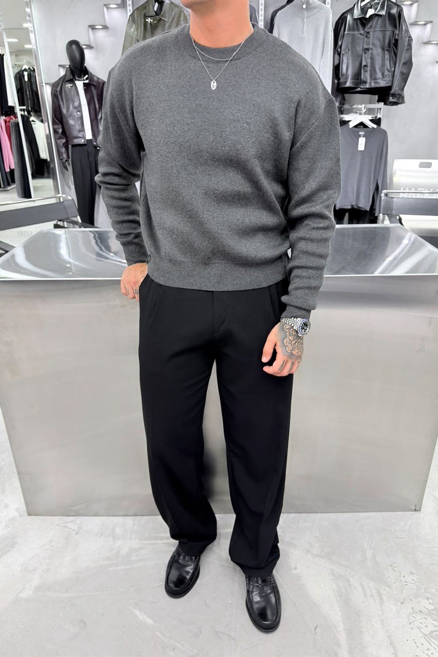 Antrasit Basic Premium Düğme Detaylı Boxy Fit Kazak