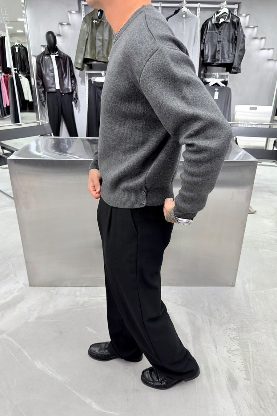 Antrasit Basic Premium Düğme Detaylı Boxy Fit Kazak