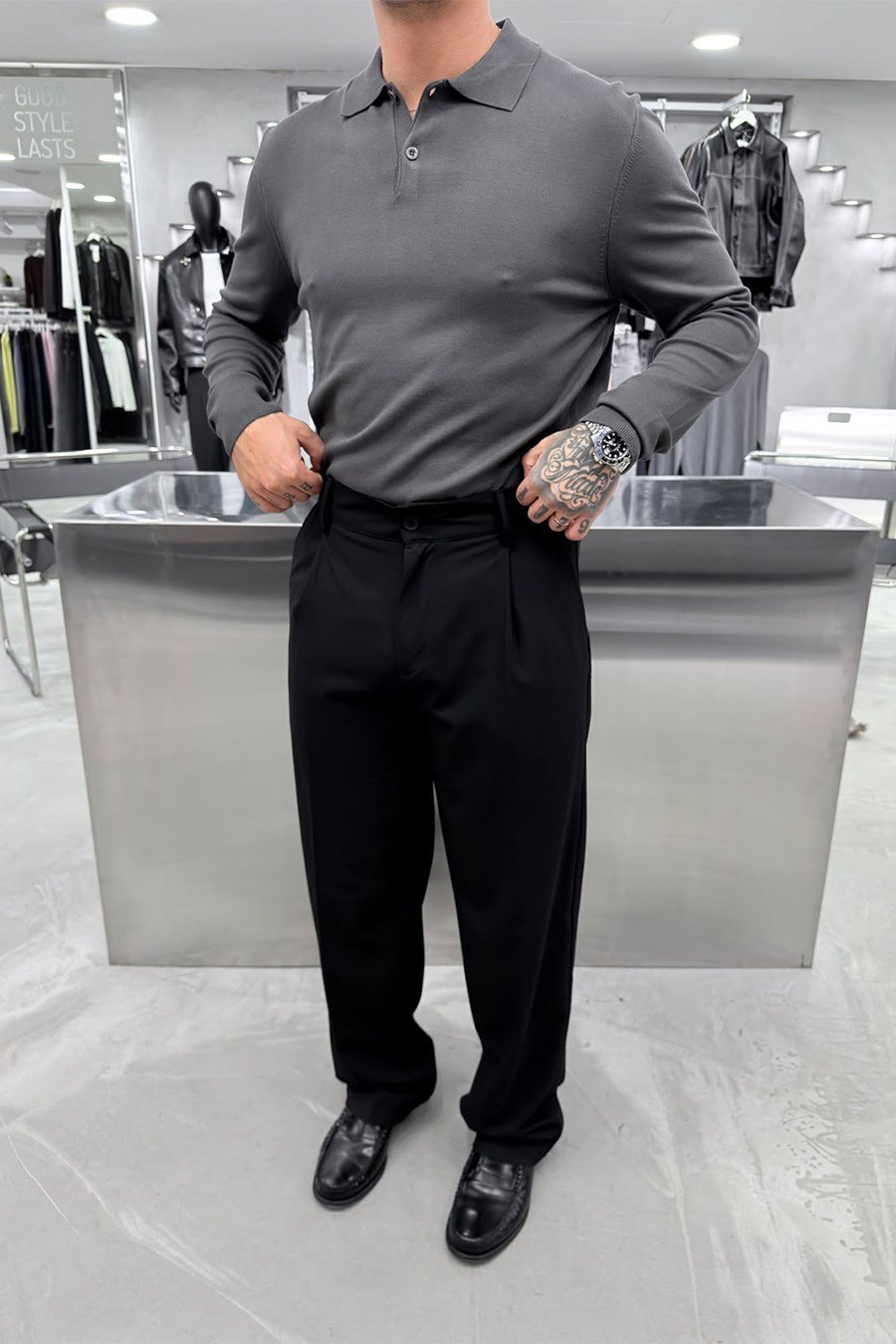 Antrasit Basic Premium Oversize Polo Yaka Tişört