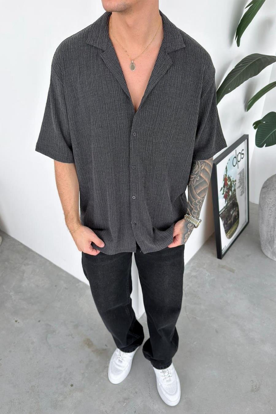 Antrasit Fitilli Basic Relaxed Kısa Kollu Gömlek