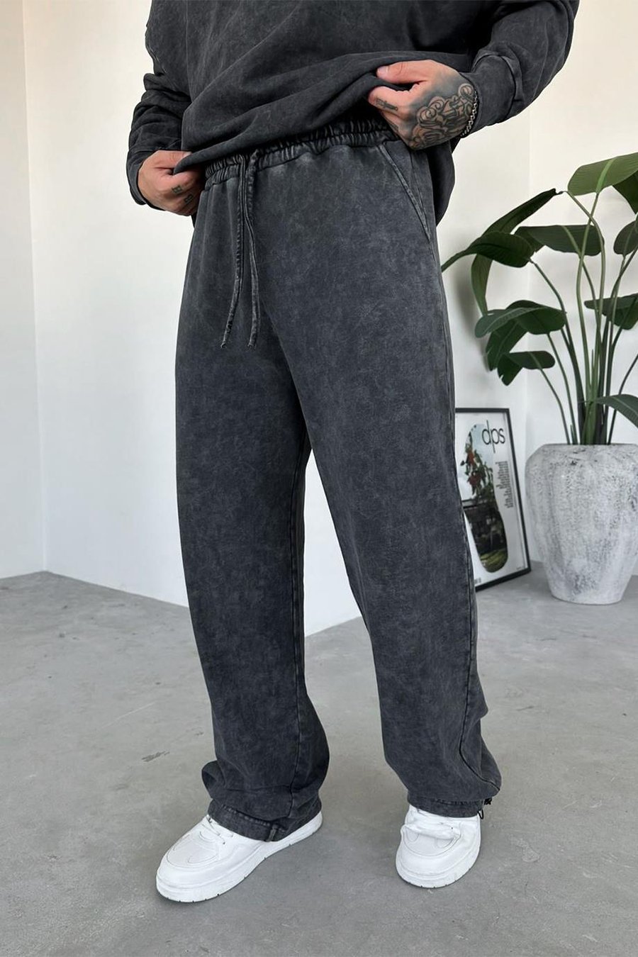 Antrasit Paça Stoperli Yıkamalı Baggy Eşofman