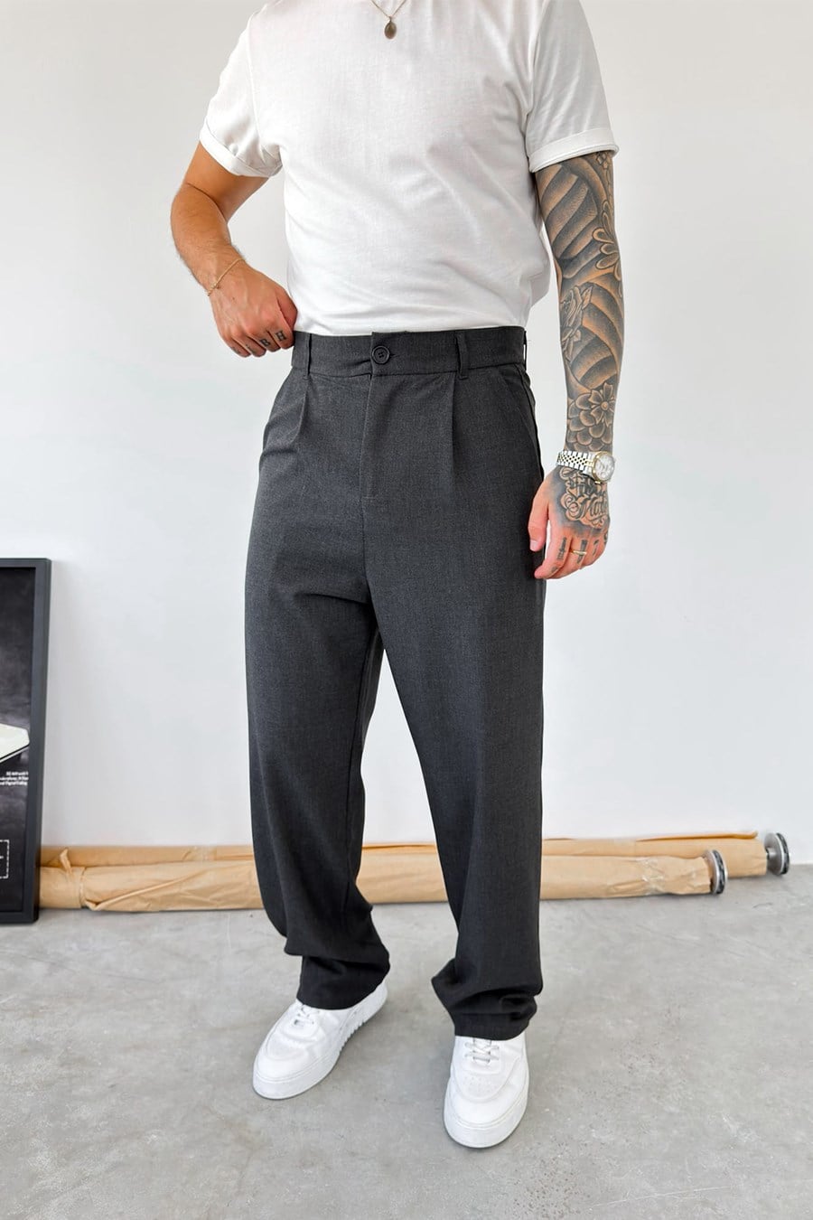 Antrasit Pileli Baggy Fit Kumaş Pantolon