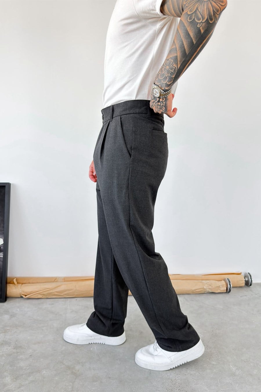 Antrasit Pileli Baggy Fit Kumaş Pantolon