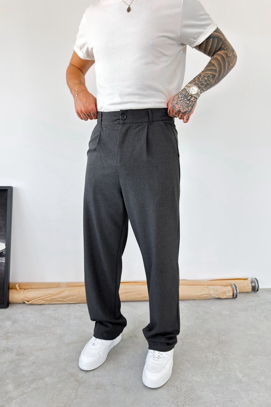Antrasit Pileli Baggy Fit Kumaş Pantolon