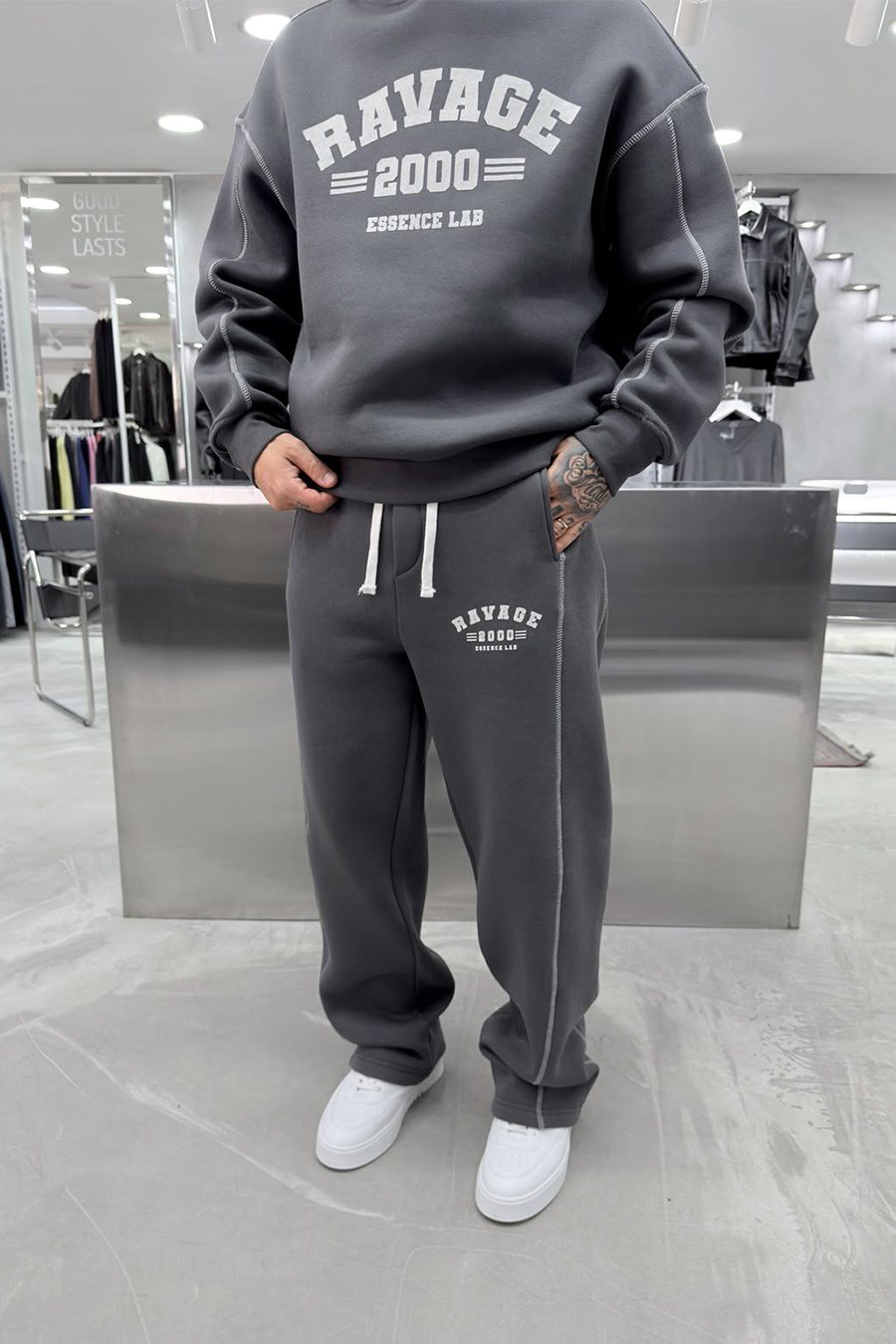Antrasit Ravage Nakışlı Oversize Eşofman Takımı