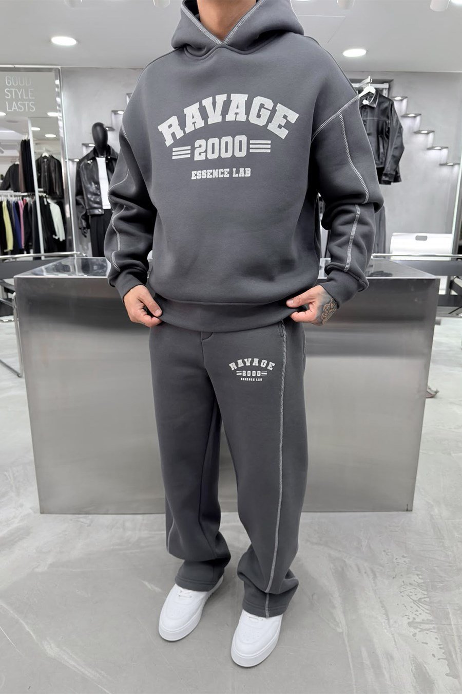 Antrasit Ravage Nakışlı Oversize Eşofman Takımı