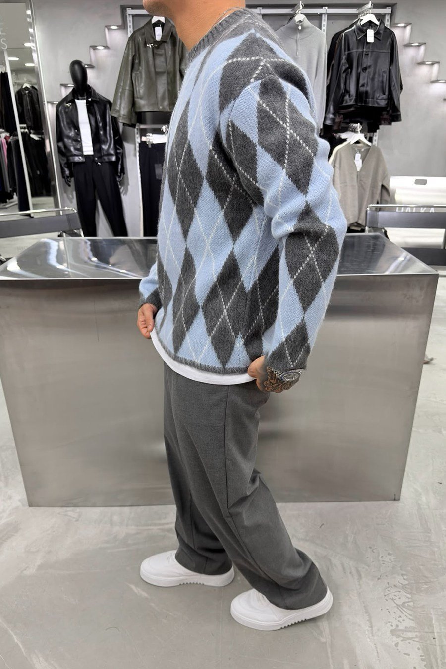 Bebe Mavi Retro Soft Line Baklava Desenli Kazak