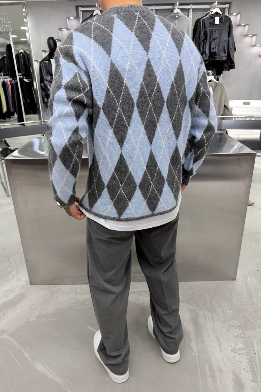 Bebe Mavi Retro Soft Line Baklava Desenli Kazak