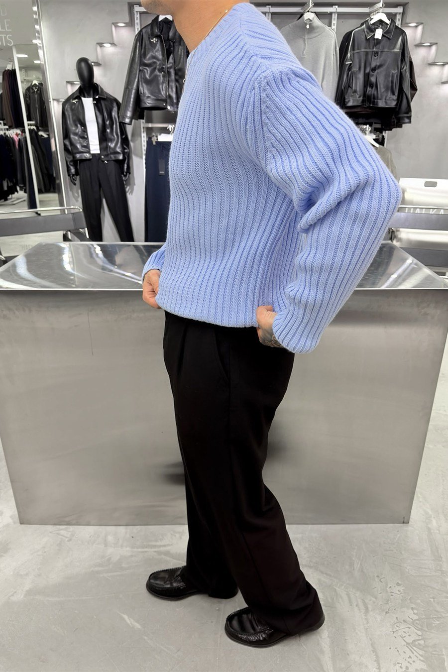 Bebe Mavisi Bisiklet Yaka Fitilli Oversize Triko Kazak