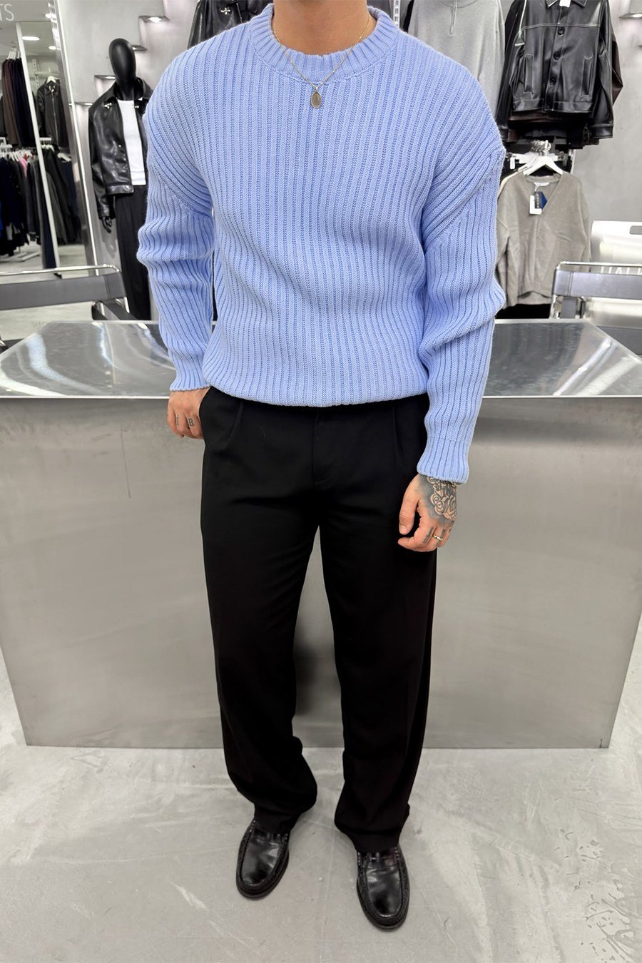 Bebe Mavisi Bisiklet Yaka Fitilli Oversize Triko Kazak