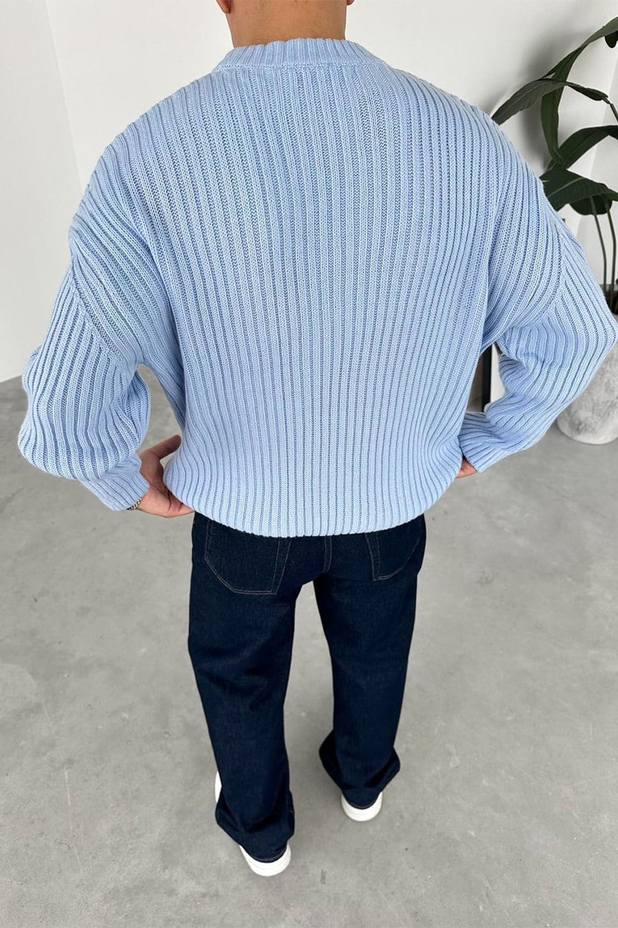 Bebe Mavisi Bisiklet Yaka Fitilli Oversize Triko Kazak