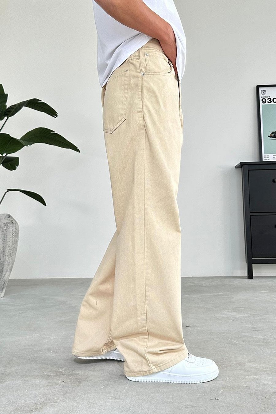 Bej Basic Ekstra Bol Baggy Pantolon