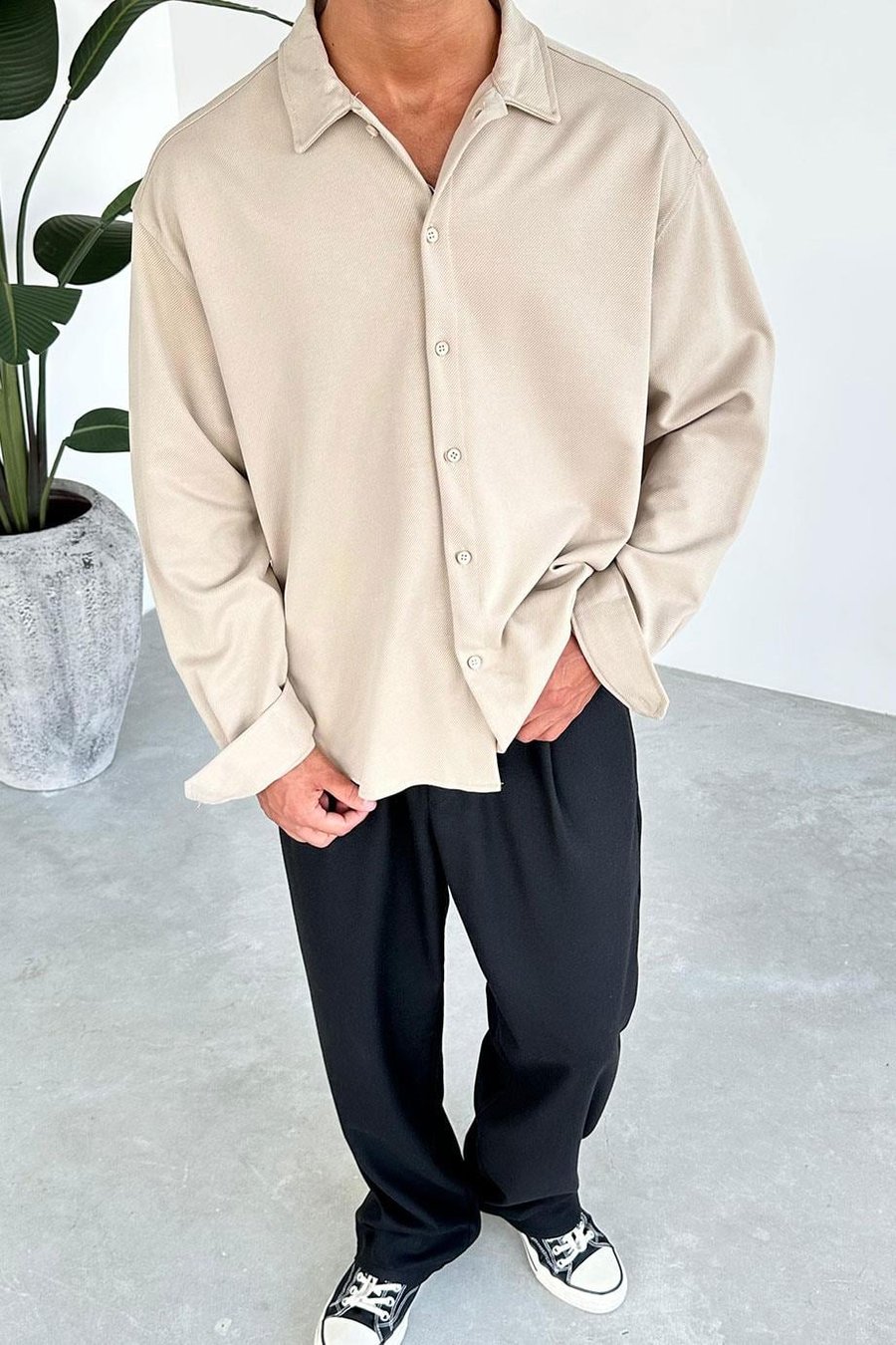 Bej Basic Oversize Gabardin Gömlek