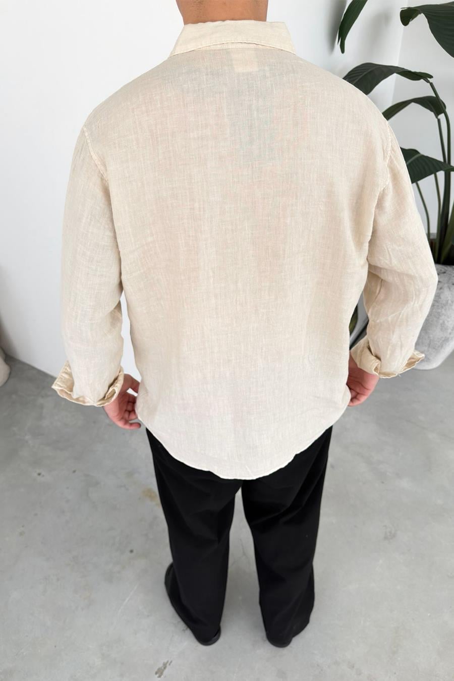 Bej Basic Relaxed Ham Keten Gömlek