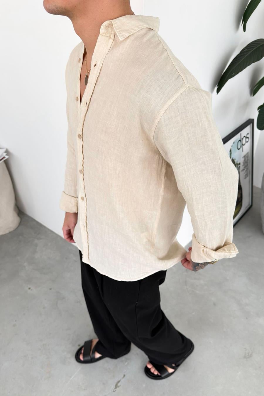 Bej Basic Relaxed Ham Keten Gömlek