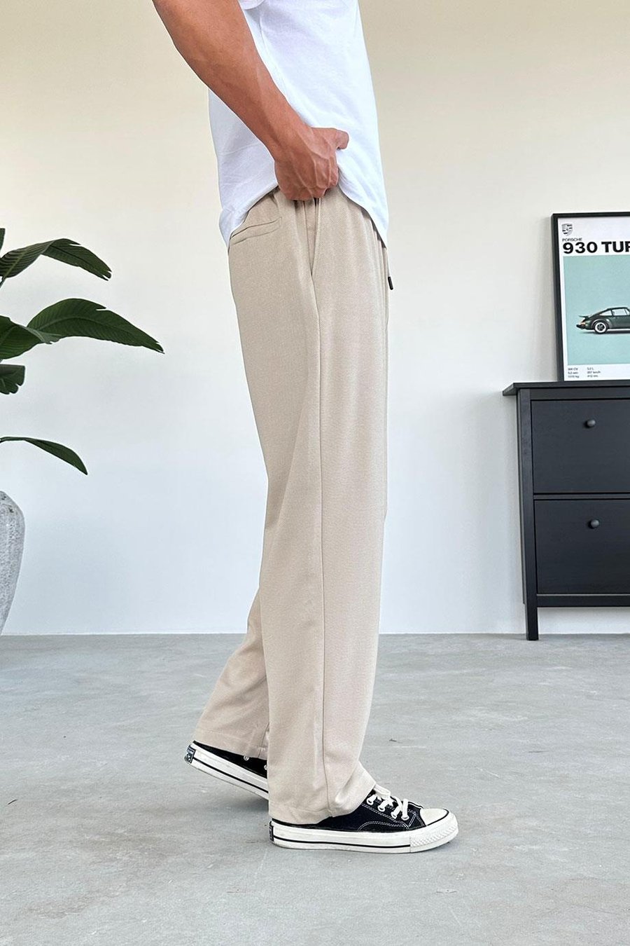 BEJ Beli Lastik Detay Gabardin Baggy Pantolon