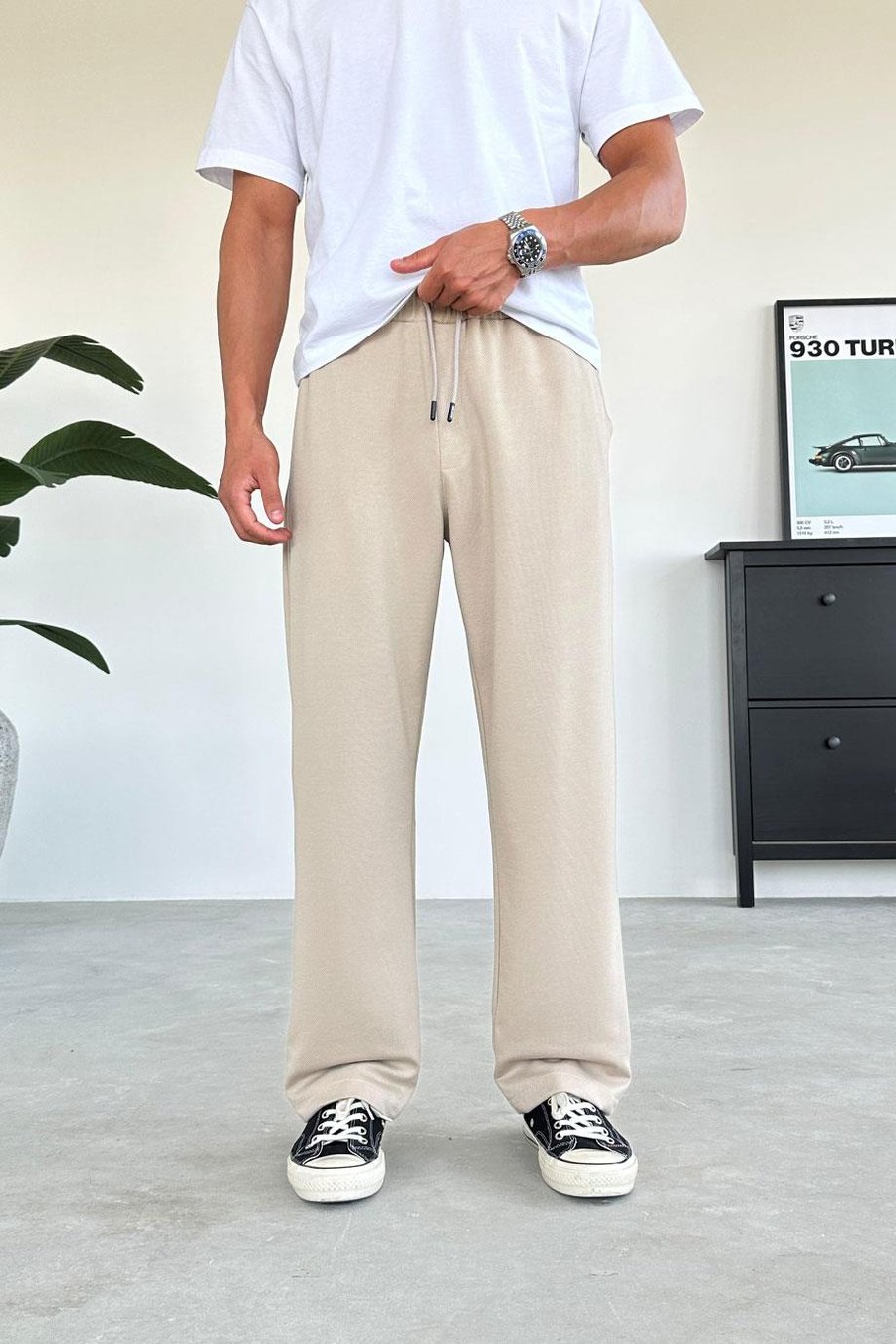 BEJ Beli Lastik Detay Gabardin Baggy Pantolon