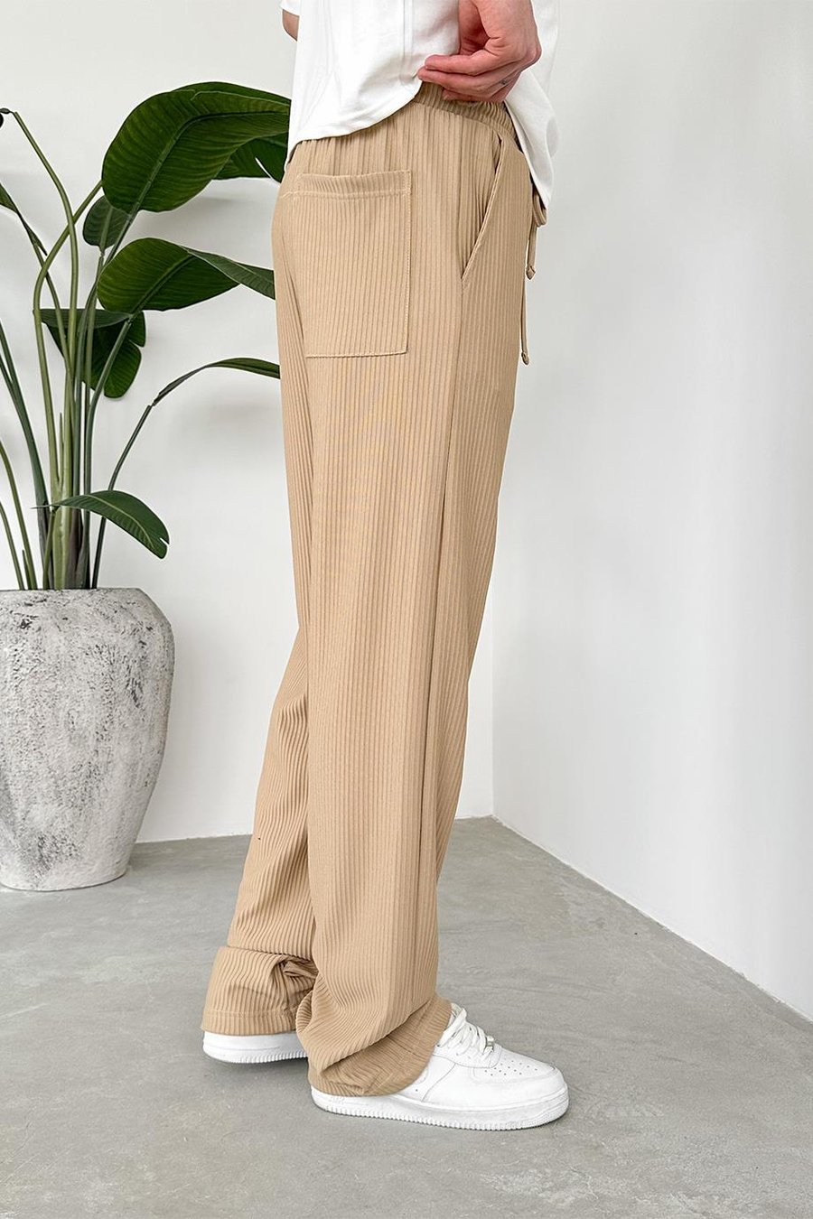 Bej Beli Lastikli Fitilli Baggy Pantolon