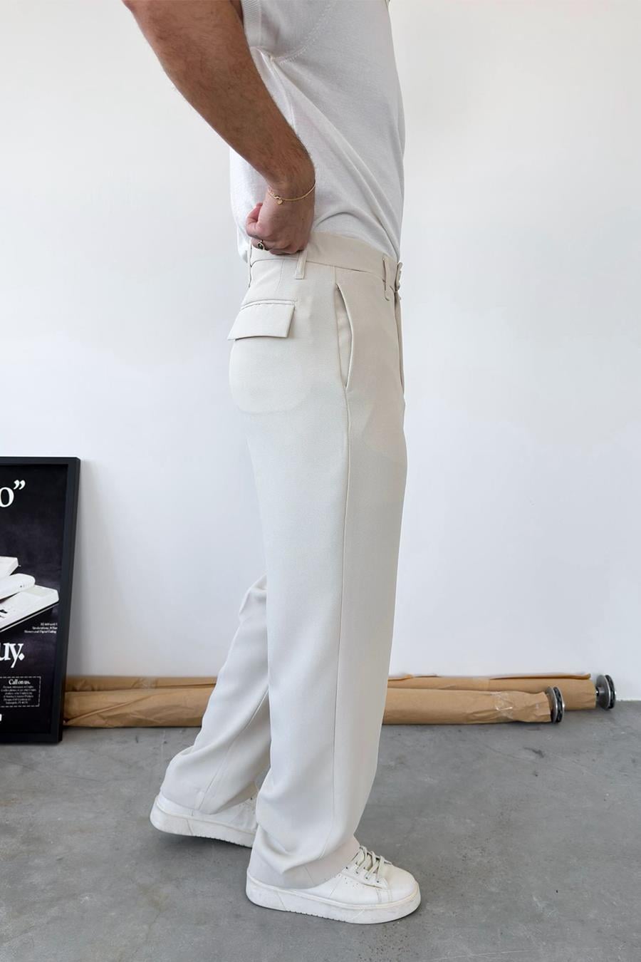 Bej Dokulu Basic Kumaş Pantolon