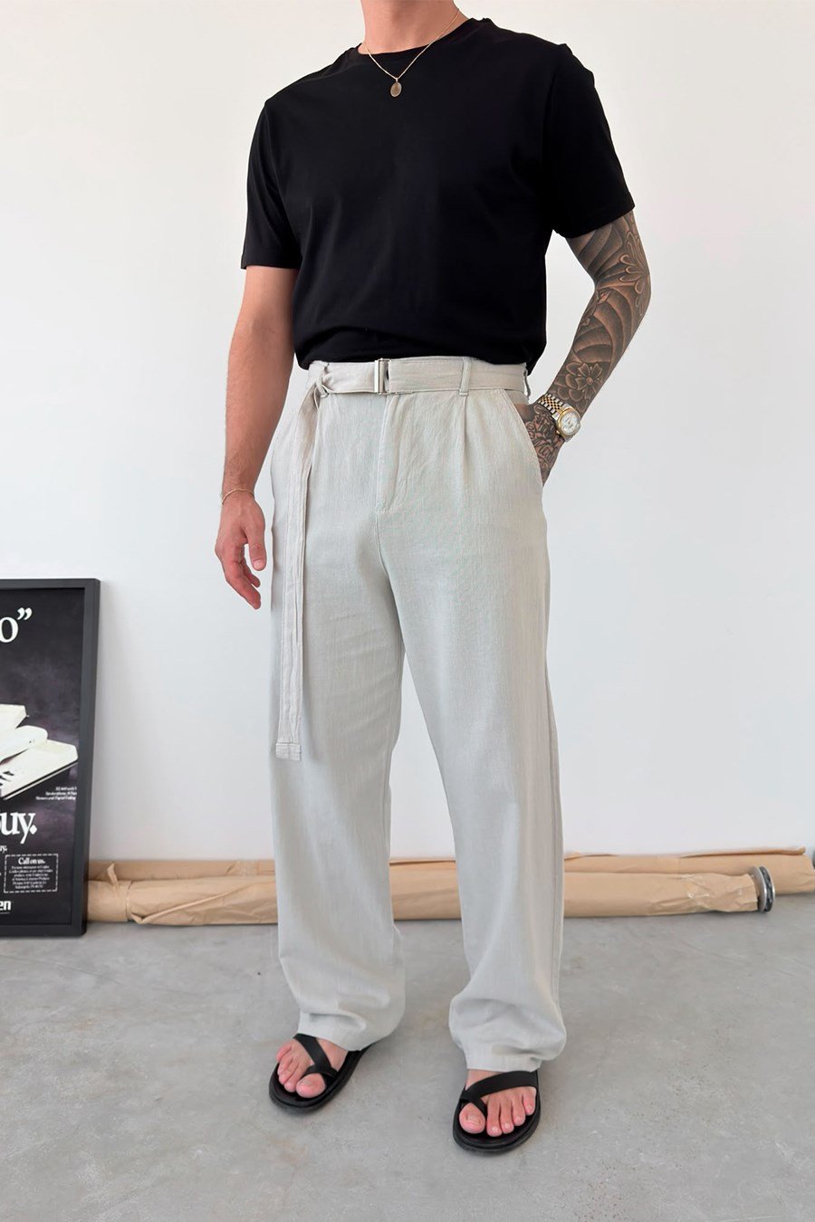 Bej Kemer Detaylı Baggy Keten Pantolon