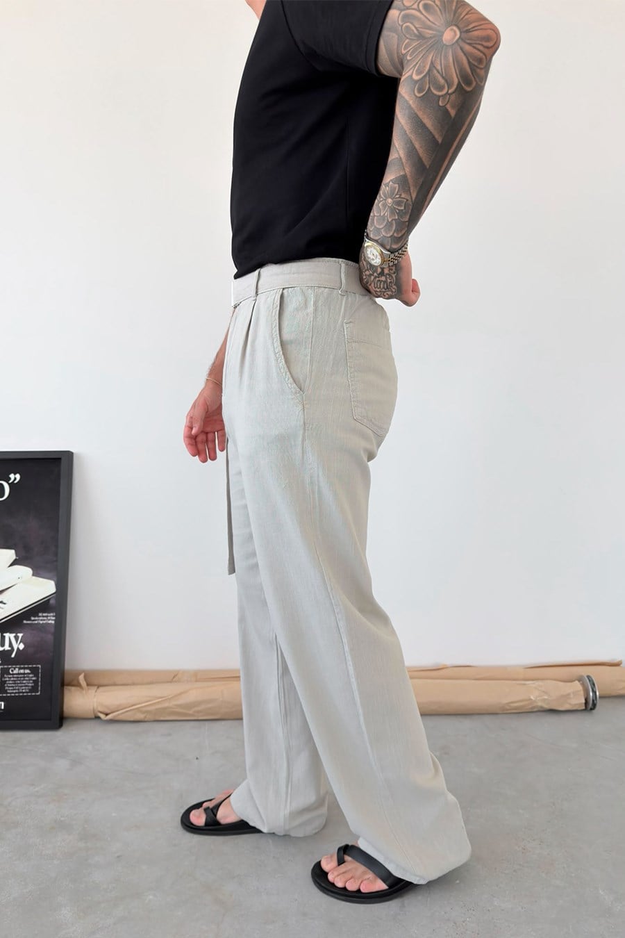Bej Kemer Detaylı Baggy Keten Pantolon