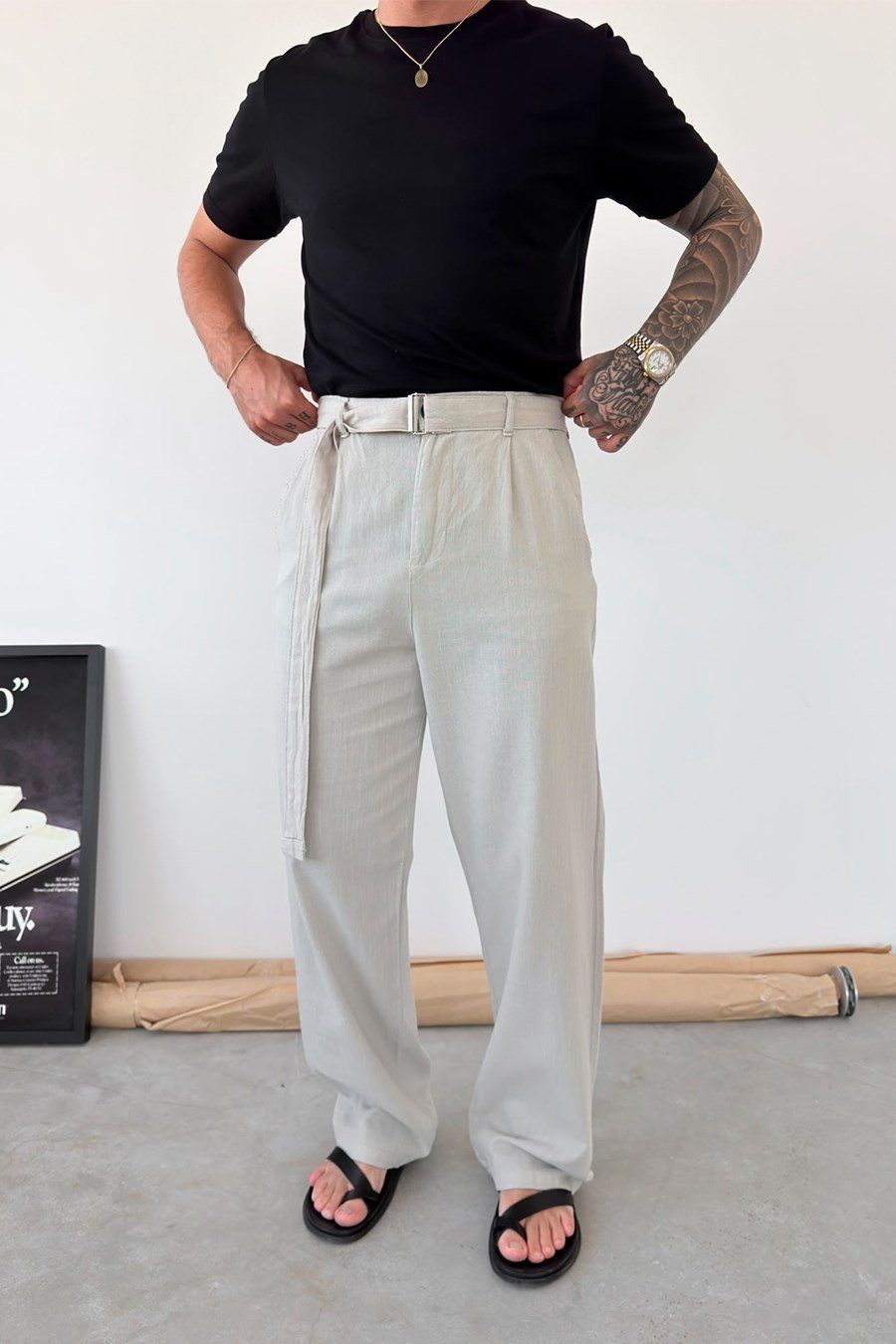 Bej Kemer Detaylı Baggy Keten Pantolon