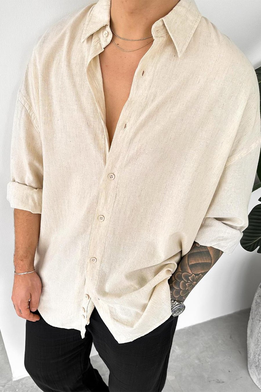 Bej Old Money Basic Keten Oversize Gömlek