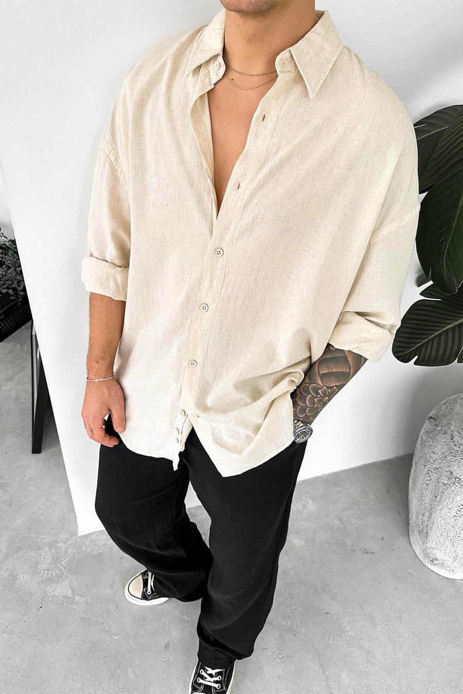 Bej Old Money Basic Keten Oversize Gömlek