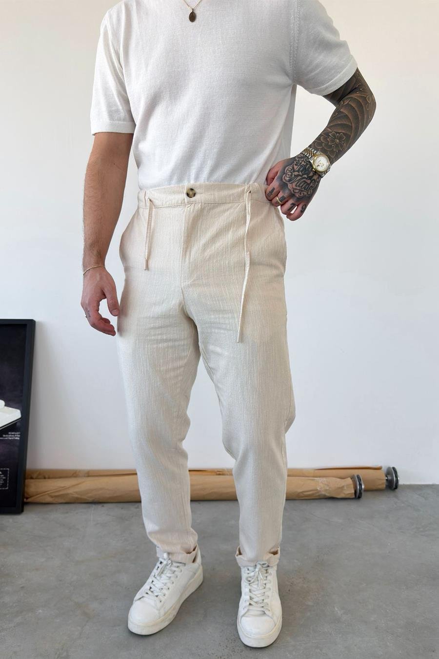 Bej Premium Regular Keten Pantolon