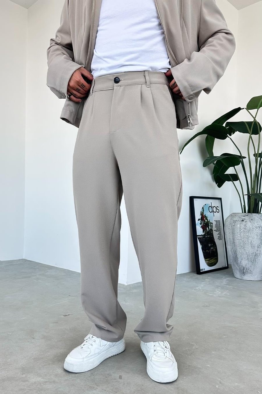 Bej Premium Relaxed Fit Kumaş Pantolon