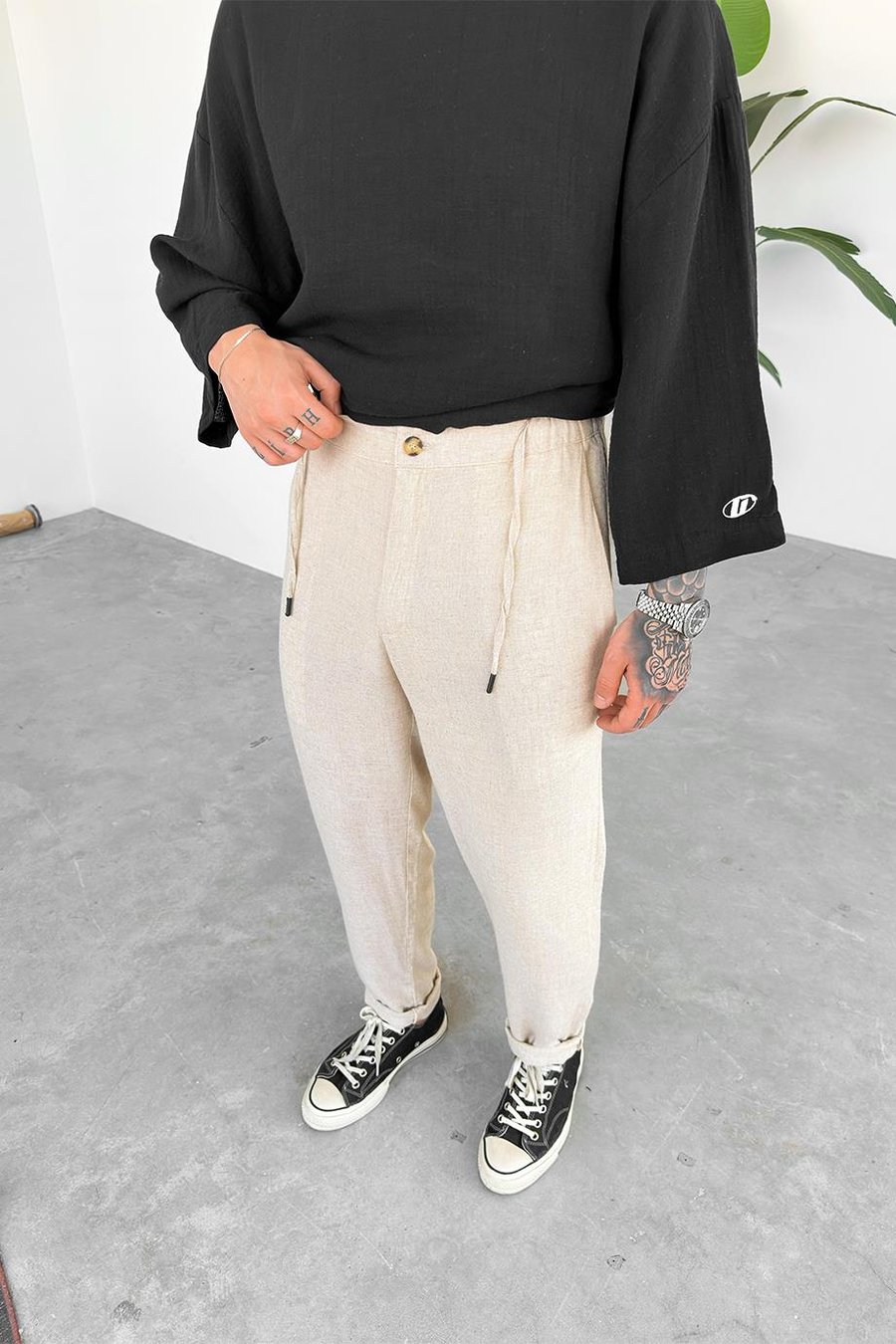 Bej Regular Keten Pantolon