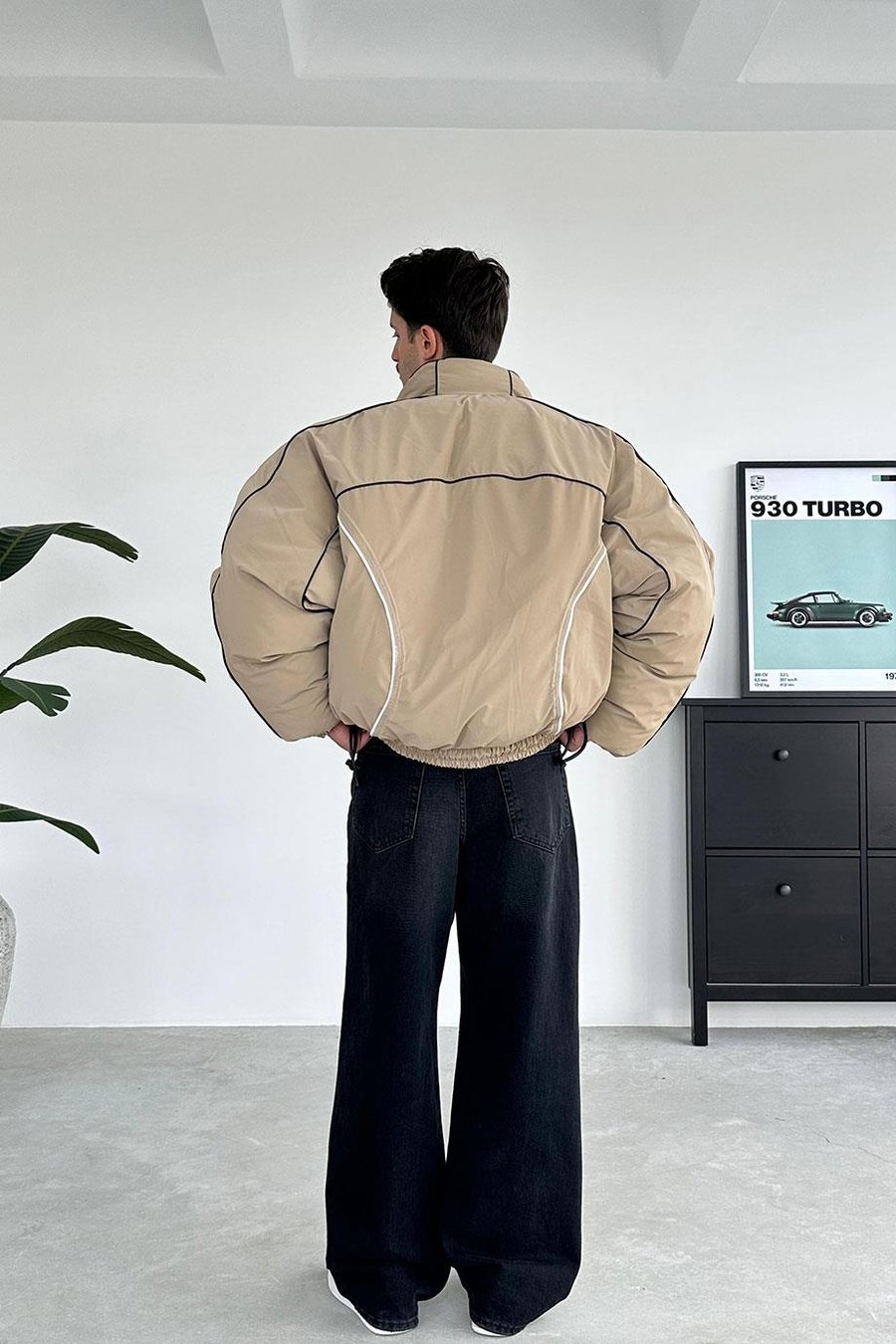 Bej Tasarım Şerit Detay Oversize Şişme Mont