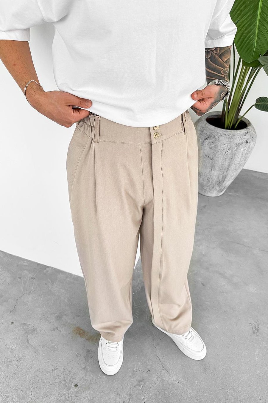 Bej Yüksek Bel Premium Kumaş Baggy Pantolon
