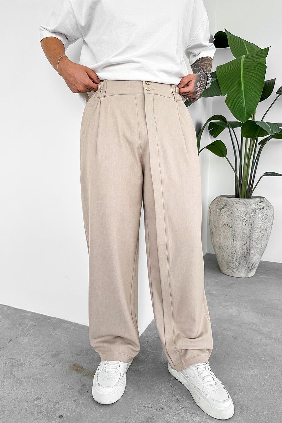 Bej Yüksek Bel Premium Kumaş Baggy Pantolon