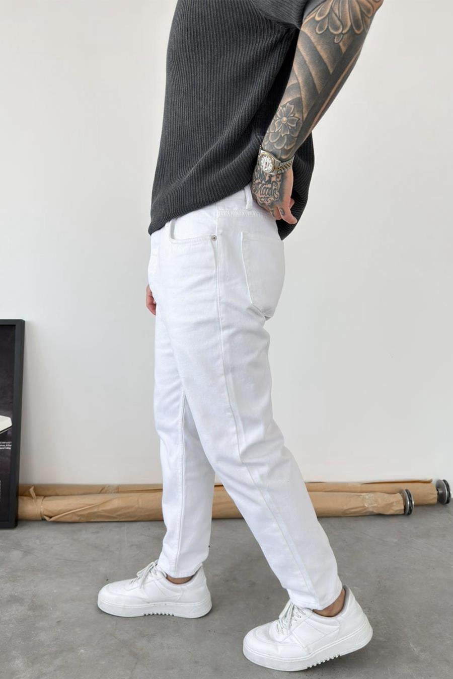 Beyaz Basic Boyfriend Pantolon
