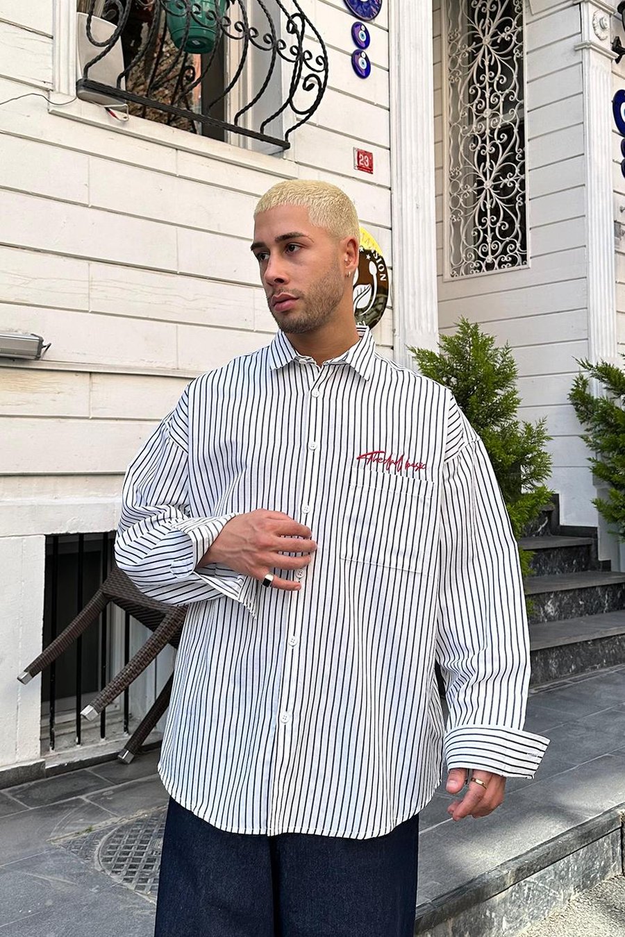 BEYAZ Basic Nakış Detay DAD Oversize Gömlek