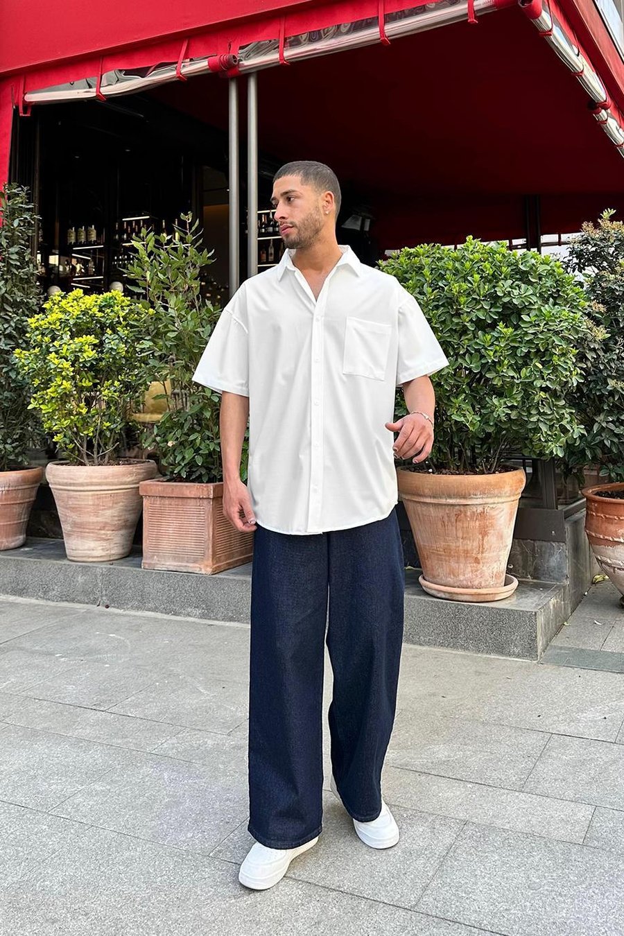 BEYAZ Basic Ön Cep Detay D1 DAD Relaxed Gömlek