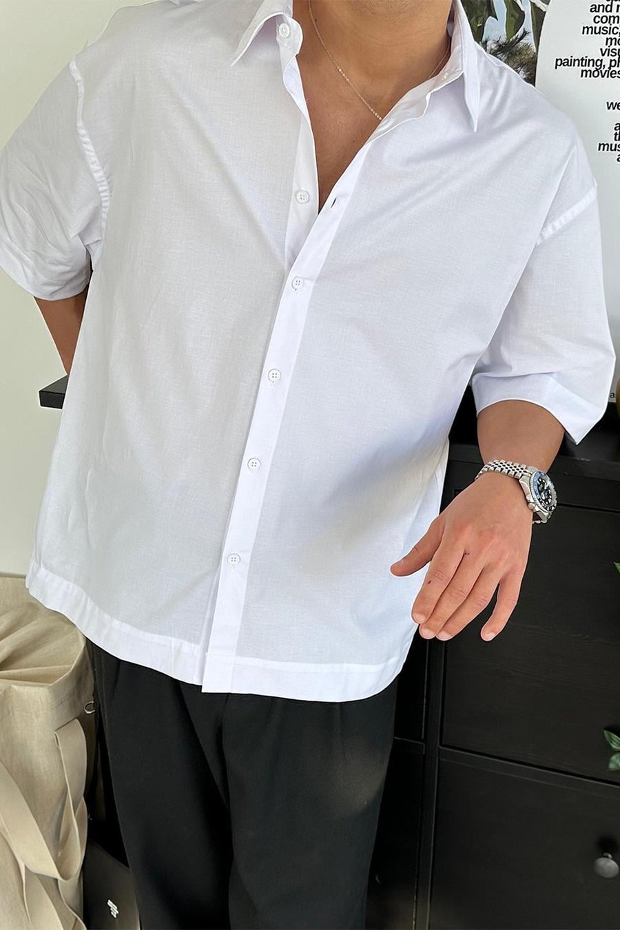 Beyaz Basic Oversize Kısa Kollu Gömlek