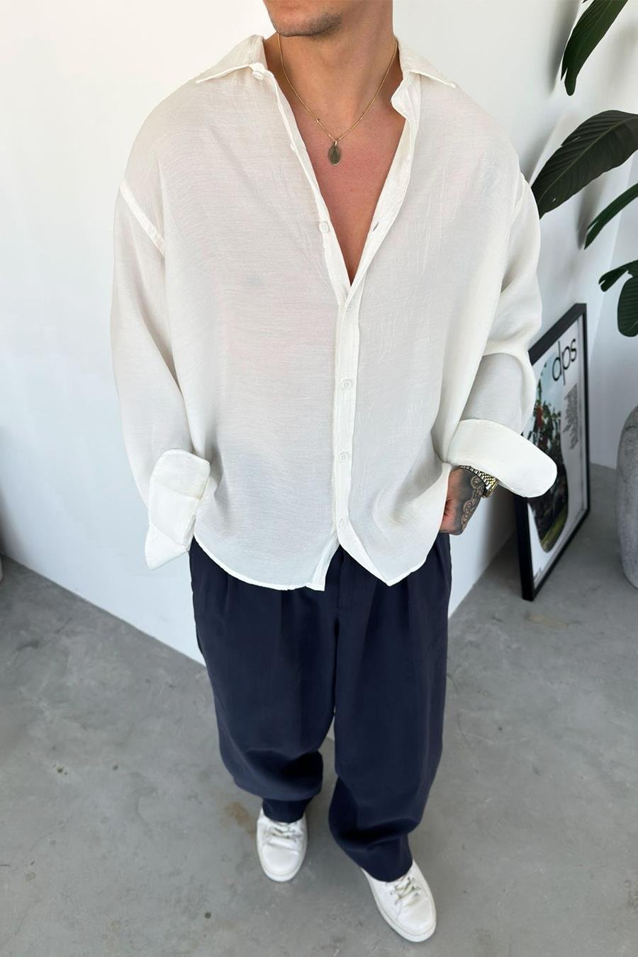 Beyaz Basic Oversize Modal Gömlek