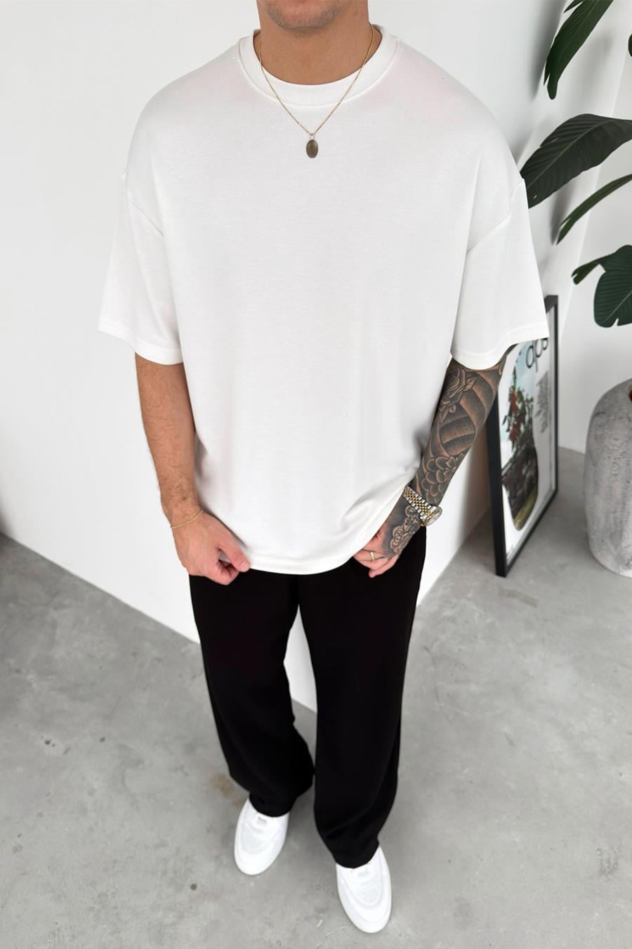 Beyaz Basic Oysh Kumaş Oversize Tişört