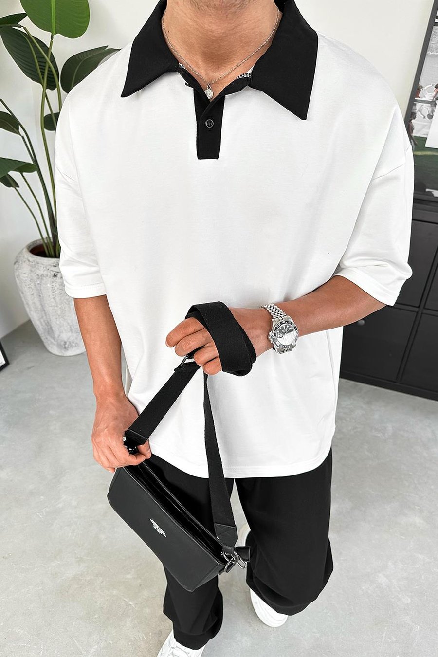 Beyaz Basic Polo Yaka OUTPLENTY PREMİUM Oversize Tişört